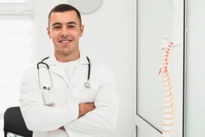 Médico ortopedista com estetoscópio ao lado de modelo da coluna vertebral, representando áreas de atuação da ortopedia e cuidado com o sistema musculoesquelético
