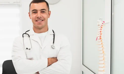Médico ortopedista com estetoscópio ao lado de modelo da coluna vertebral, representando áreas de atuação da ortopedia e cuidado com o sistema musculoesquelético